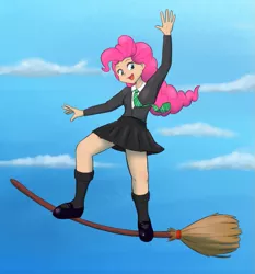 Size: 933x1000 | Tagged: artist:empyu, broom, clothes, crossover, cute, derpibooru import, female, flying, flying broomstick, harry potter, harry potter (series), hogwarts, human, humanized, legs, mary janes, necktie, pinkie pie, pleated skirt, safe, school uniform, shoes, short skirt, silly, skirt, slytherin, smiling, socks, solo, surfing, sweater, uniform