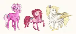 Size: 1280x585 | Tagged: safe, artist:earthsong9405, deleted from derpibooru, derpibooru import, granny pie, nana pinkie, pinkie pie, pinkie pie (g3), surprise, pony, bow, colored hooves, colored wings, female, g1, g1 to g4, g3, g3 to g4, g4, generation leap, glasses, grandmother and grandchild, hair bow, headcanon, long description, mare, pince-nez, prancing, realistic anatomy, realistic horse legs, scar, simple background, white background, wing claws, wings