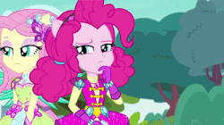 Size: 720x404 | Tagged: safe, derpibooru import, screencap, fluttershy, pinkie pie, equestria girls, equestria girls series, super squad goals, !!, animated, bush, canterlot city, crystal guardian, crystal wings, exclamation point, geode of sugar bombs, gif, magical geodes, ponied up, popping, searching, wings
