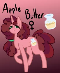 Size: 850x1030 | Tagged: safe, artist:eppyminecart, derpibooru import, oc, oc:apple butter (ice1517), unofficial characters only, pony, unicorn, icey-verse, female, gradient background, mare, next generation, offspring, parent:big macintosh, parent:sugar belle, parents:sugarmac, raised hoof, red background, simple background, solo