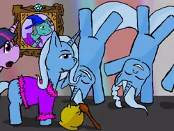 Size: 800x600 | Tagged: acrobatics, alex warlorn, artist:louis badalament, bathrobe, clothes, derpibooru import, fanfic, fanfic art, female, lexy, mixie, nyxie, pixie (pony), pony pov series, pot, reharmonized ponies, robe, safe, siblings, sisters, spoon, twilight sparkle