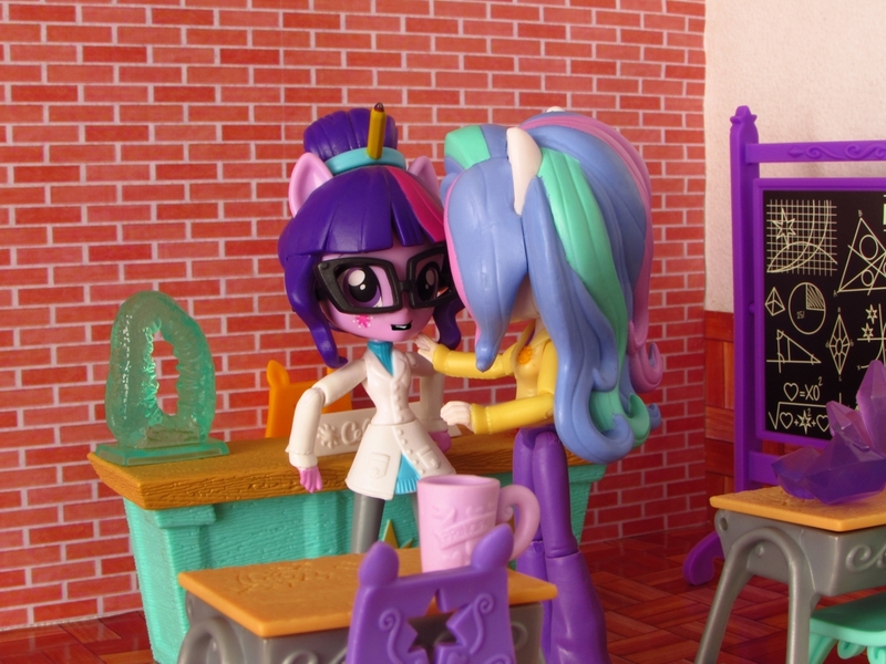 Size: 1000x750 | Tagged: safe, artist:whatthehell!?, derpibooru import, princess celestia, sci-twi, twilight sparkle, equestria girls, apple, chair, chalkboard, classroom, clothes, coat, cup, desk, doll, equestria girls minis, food, gem, irl, photo, principal celestia, shoes, toy