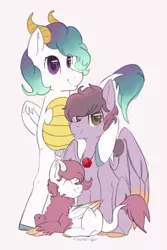 Size: 600x900 | Tagged: safe, artist:laps-sp, derpibooru import, oc, oc:red, oc:scale dancer, unofficial characters only, dracony, dragon, hybrid, pegasus, pony, offspring, offspring's offspring, parent:princess celestia, parent:spike, parents:oc x oc, parents:spikelestia, prone, sitting, traditional art