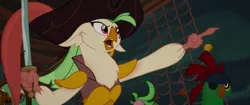 Size: 1920x804 | Tagged: anthro, beauty mark, captain celaeno, derpibooru import, ear piercing, earring, female, jewelry, lix spittle, male, mullet (character), murdock, my little pony: the movie, parrot pirates, piercing, pirate, safe, screencap, sword, weapon