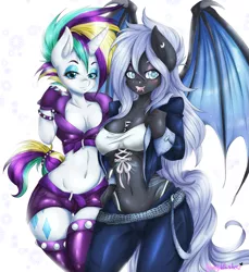 Size: 1353x1480 | Tagged: suggestive, artist:bunnywhiskerz, derpibooru import, rarity, oc, oc:moon, anthro, bat pony, unicorn, it isn't the mane thing about you, alternate hairstyle, anthro oc, bat pony oc, bat wings, belt, breasts, busty rarity, cleavage, clothes, commission, duo, duo female, female, fingerless gloves, gloves, looking at you, mare, panties, pants, punk, raripunk, shorts, thong, underwear, wings