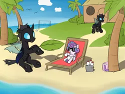 Size: 1600x1200 | Tagged: safe, artist:skitter, derpibooru import, princess flurry heart, alicorn, changeling, changeling queen, pony, comic:change of heart (skitter), :t, baby bottle, beach, beach chair, beach volleyball, bucket, changeling queen flurry heart, cute, cuteling, diaper, diaper bag, fanning, female, foal, funny, funny as hell, funny end, good end, ice, island, palm tree, raised hoof, sitting, smiling, sunglasses, tree, volleyball net, walking