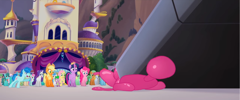 Size: 1366x571 | Tagged: safe, derpibooru import, screencap, apple honey, apple tarty, applejack, brian (balloon animal), cornsilk, fluttershy, party favor, pinkie pie, rainbow dash, rarity, twilight sparkle, twilight sparkle (alicorn), unnamed character, unnamed pony, alicorn, earth pony, pegasus, pony, unicorn, my little pony: the movie, apple family member, background pony, balloon, big no, canterlot, canterlot castle, crowd, death of brian the balloon, deflation, female, male, mane six, mare, sad, stage, stallion, this will end in tears