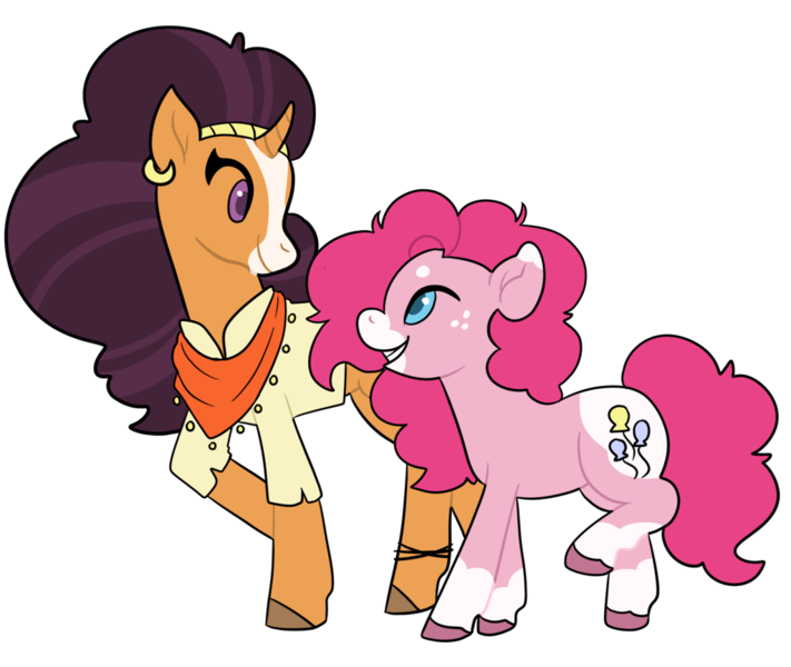 Size: 1024x864 | Tagged: safe, artist:seasaltsailor, derpibooru import, pinkie pie, saffron masala, earth pony, pony, unicorn, alternate design, blaze (coat marking), body markings, coat markings, duo, female, freckles, lesbian, mare, saffronpie, shipping, simple background, socks (coat marking), transparent background