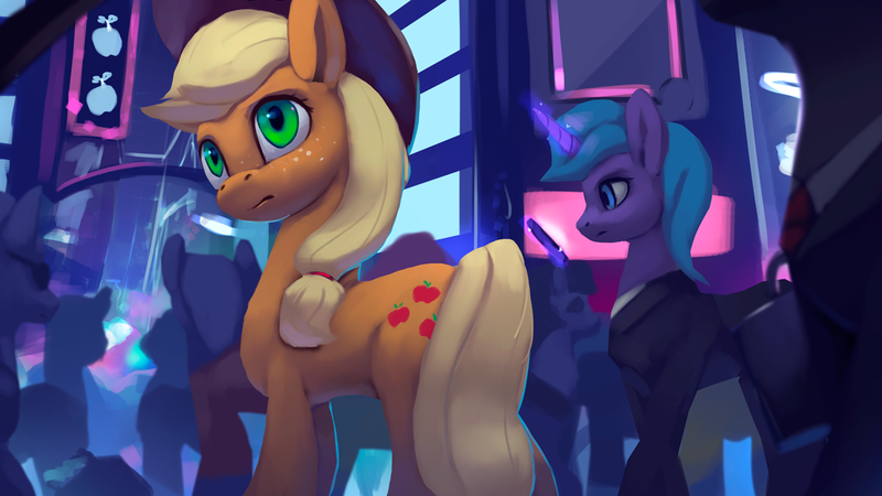 Size: 1200x675 | Tagged: safe, artist:rodrigues404, derpibooru import, applejack, earth pony, pony, unicorn, applejack's hat, background pony, city, clothes, cowboy hat, female, freckles, glowing horn, hat, horn, magic, mare, mobile phone, necktie, pants, phone, shirt, silhouette, stetson, suit, telekinesis
