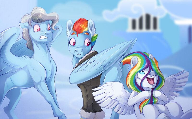 Size: 1280x793 | Tagged: safe, artist:vindhov, derpibooru import, rainbow dash, oc, oc:haywire, oc:silver lining (vindhov), pegasus, pony, bags under eyes, bomber jacket, butt, clothes, disguise, female, fleece jacket, fluffy, half-siblings, interspecies offspring, irrational exuberance, jacket, mare, mother and child, mother and daughter, offspring, older, parent:discord, parent:rainbow dash, parents:discodash, parents:windash, plot, smiling, trio