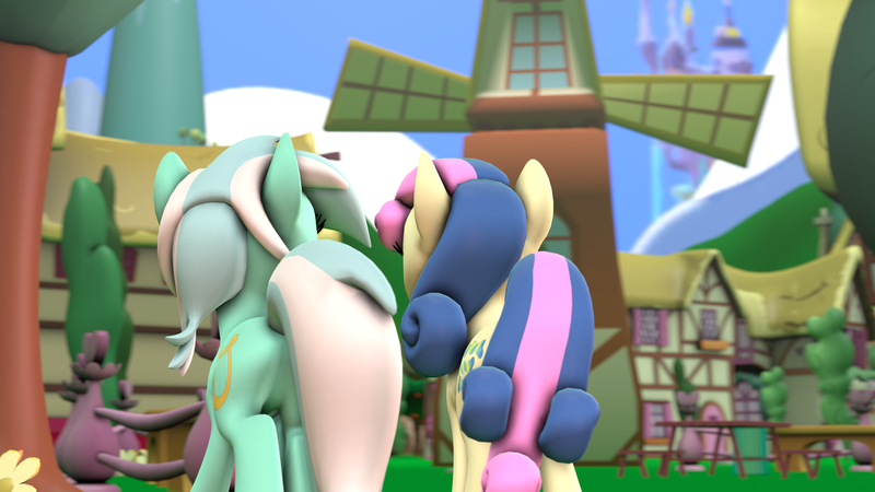 Size: 3840x2160 | Tagged: safe, artist:goatcanon, derpibooru import, bon bon, lyra heartstrings, sweetie drops, pony, comic:lyra's story, 3d, comic, duo, ponyville, sneak peek, source filmmaker, walking