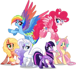 Size: 6000x5499 | Tagged: safe, artist:orin331, derpibooru import, applejack, fluttershy, pinkie pie, rainbow dash, rarity, twilight sparkle, earth pony, pegasus, pony, unicorn, leak, spoiler:g5, absurd resolution, applejack (g5), blaze (coat marking), braid, coat markings, colored pupils, colored wings, colored wingtips, cute, earth pony twilight, feathered fetlocks, female, fluttershy (g5), flying, g5, gradient mane, grin, leg fluff, lidded eyes, long mane, looking back, mane six, mane six (g5), mare, multicolored wings, open mouth, pegasus pinkie pie, pinkie pie (g5), race swap, rainbow dash (g5), rainbow wings, raised hoof, rarity (g5), simple background, smiling, smirk, socks (coat marking), transparent background, twilight sparkle (g5), unicorn fluttershy, unshorn fetlocks, wings