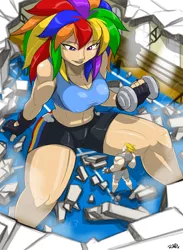 Size: 4692x6396 | Tagged: suggestive, artist:shonuff44, derpibooru import, bulk biceps, rainbow dash, human, absurd resolution, auditorium, breasts, busty rainbow dash, clothes, destruction, dumbbell (object), erect nipples, female, fingerless gloves, giantess, gloves, gymnasium, humanized, macro, mega dash, muscles, nipple outline, school, shorts, solo focus, story in the source, story included