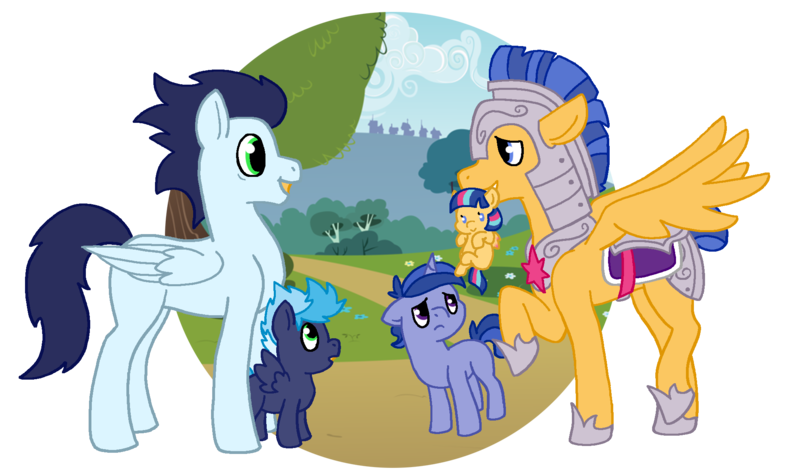 Size: 2013x1195 | Tagged: safe, artist:kittentrash, derpibooru import, flash sentry, soarin', oc, oc:ink streak, oc:periwinkle, oc:star swirl, pegasus, pony, unicorn, armor, baby, baby pony, blank flank, colt, female, filly, male, missing cutie mark, mouth hold, offspring, parent:flash sentry, parent:rainbow dash, parent:soarin', parent:twilight sparkle, parents:flashlight, parents:soarindash, simple background, transparent background