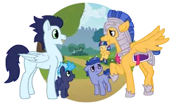 Size: 2013x1195 | Tagged: safe, artist:kittentrash, derpibooru import, flash sentry, soarin', oc, oc:ink streak, oc:periwinkle, oc:star swirl, pegasus, pony, unicorn, armor, baby, baby pony, blank flank, colt, female, filly, male, missing cutie mark, mouth hold, offspring, parent:flash sentry, parent:rainbow dash, parent:soarin', parent:twilight sparkle, parents:flashlight, parents:soarindash, simple background, transparent background