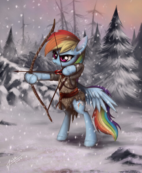 Size: 1800x2200 | Tagged: archer dash, archery, arrow, artist:zetamad, atreus, barbarian, bipedal, bow and arrow, bow (weapon), crossover, derpibooru import, fur coat, god of war, rainbow dash, safe, snow, solo, weapon