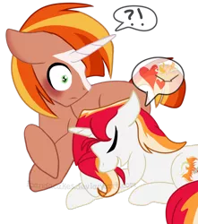 Size: 1024x1157 | Tagged: safe, artist:ipandacakes, derpibooru import, oc, oc:blazing ember, oc:solar flare, unofficial characters only, pony, unicorn, blaze (coat marking), blushing, female, heart, male, mare, offspring, parent:fire streak, parent:starlight glimmer, parent:sunburst, parent:sunset shimmer, parents:starburst, parents:sunsetstreak, pictogram, prone, simple background, stallion, transparent background