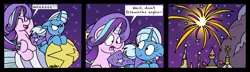 Size: 3720x1065 | Tagged: safe, artist:bobthedalek, derpibooru import, starlight glimmer, trixie, pony, unicorn, canterlot, cape, clothes, comic, dark comedy, didn't think this through, duo, eye contact, female, fireworks, floppy ears, flying, frown, glare, hat, implied death, looking at each other, mare, night, open mouth, reality ensues, riding, rocket, sitting, sky, smiling, smirk, stars, this ended in death, this ended in explosions, this ended in pain, this will end in explosions, this will not end well, toy interpretation, trixie's cape, trixie's hat, trixie's rocket, wide eyes, windswept mane, worried