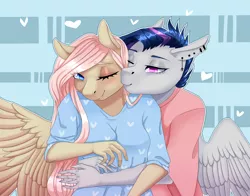 Size: 2800x2200 | Tagged: anthro, anthro oc, artist:maria-fly, clothes, cuddling, derpibooru import, female, heart, hug, lesbian, mare, nuzzling, oc, oc:el'ka, oc:mary, oc x oc, one eye closed, pegasus, safe, shipping, unofficial characters only