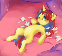 Size: 2574x2360 | Tagged: suggestive, artist:unluckypaw, derpibooru import, oc, oc:stormfall drizzle, unofficial characters only, pony, unicorn, bed, cute, female, flower, lillies, lily (flower), mare, on back, on bed, one eye closed, solo, solo female, tongue out