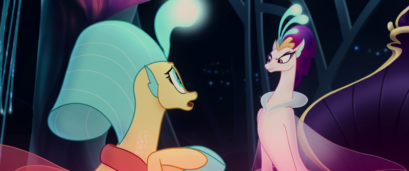 Size: 1920x804 | Tagged: angry, derpibooru import, female, mother and child, mother and daughter, my little pony: the movie, pleading, princess skystar, queen novo, safe, screencap, seapony (g4), throne, underwater, worried