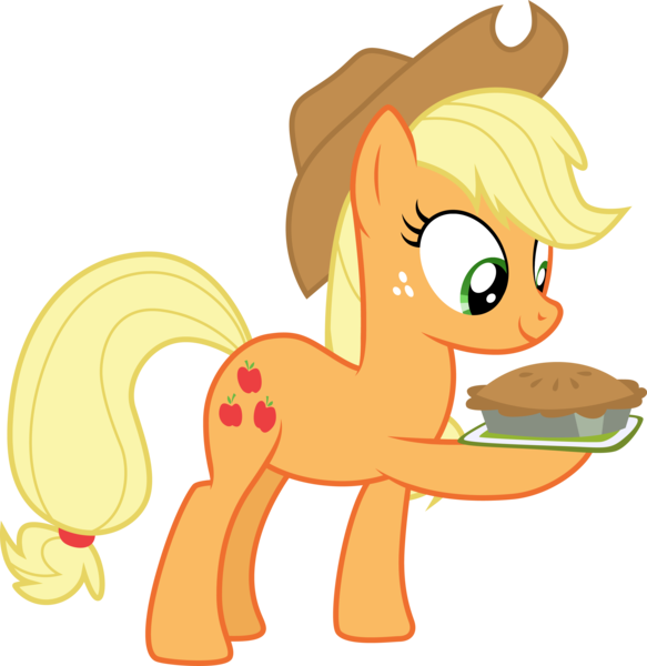 Size: 3000x3087 | Tagged: safe, artist:cloudyglow, artist:yanoda, derpibooru import, applejack, earth pony, pony, applejack's "day" off, .ai available, cowboy hat, female, food, freckles, hat, mare, pie, raised hoof, simple background, smiling, stetson, transparent background, vector