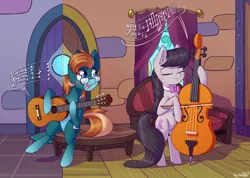 Size: 3031x2163 | Tagged: safe, artist:dsp2003, derpibooru import, octavia melody, oc, oc:hovering electron, earth pony, pony, acoustic guitar, blushing, bow (instrument), canon x oc, cello, cello bow, colt, eyes closed, female, guitar, high res, male, mare, musical instrument, open mouth, rickroll