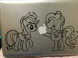 Size: 4032x3024 | Tagged: safe, derpibooru import, applejack, pinkie pie, earth pony, pony, apple, apple (company), computer, cowboy hat, duo, eating, female, food, hat, irl, laptop computer, macbook, mare, photo