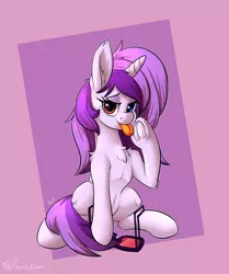 Size: 3100x3700 | Tagged: safe, artist:passigcamel, derpibooru import, oc, oc:purple eye, unofficial characters only, pony, commission, female, frog (hoof), glasses, heterochromia, looking at you, mare, solo, tongue out, underhoof
