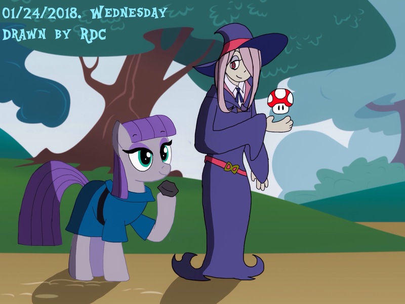 Size: 2048x1536 | Tagged: artist:fester1124, boulder (pet), clothes, crossover, derpibooru import, dress, little witch academia, maud pie, rock, safe, smiling, sucy manbavaran, super mario bros., super mushroom, tree, when she smiles