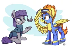 Size: 1200x793 | Tagged: safe, artist:tsitra360, derpibooru import, boulder (pet), maud pie, spitfire, earth pony, pegasus, pony, abstract background, clothes, female, flying, friendshipping, goggles, mare, open mouth, princess boulder, shocked, sitting, underhoof, uniform, wings, wonderbolts uniform