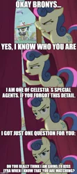 Size: 500x1125 | Tagged: safe, derpibooru import, edit, edited screencap, screencap, bon bon, rainbow dash, sweetie drops, earth pony, pony, slice of life (episode), caption, comic, female, fourth wall, image macro, implied voyeurism, mare, meme, screencap comic, solo, special agent, text