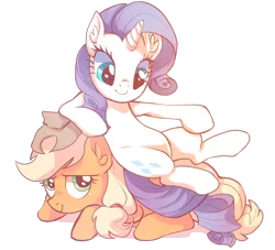 Size: 1600x1455 | Tagged: safe, artist:tazmiliandevil, derpibooru import, applejack, rarity, earth pony, pony, unicorn, fame and misfortune, and then there's rarity, appleseat, duo, female, lesbian, looking at each other, mare, rarijack, scene interpretation, shipping, simple background, sitting on, sitting on person, sitting on pony, smiling, transparent background, unicorn master race