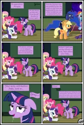 Size: 3254x4837 | Tagged: safe, artist:gutovi, derpibooru import, applejack, fluttershy, pinkie pie, princess luna, rainbow dash, rarity, twilight sparkle, twilight sparkle (alicorn), alicorn, earth pony, pegasus, pony, unicorn, comic:why me!?, bed, blushing, broken window, comic, crying, drool, glass, lasso, mane six, mare in the moon, moon, rope, window