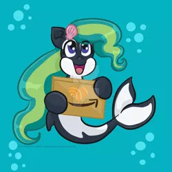 Size: 1024x1024 | Tagged: amazon box, amazon.com, artist:yoshimarsart, derpibooru import, everfree northwest, female, oc, oc:marina (efnw), orca, orca pony, original species, safe, sign, solo, underwater, watermark