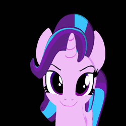 Size: 1000x1000 | Tagged: safe, artist:galawaille, derpibooru import, edit, starlight glimmer, pony, unicorn, 3d, >:), animated, black background, blender, cel shading, cute, evil grin, eyebrows, female, gif, grin, happy, looking at you, loop, mare, shading, simple background, smiling, smirk, smug, smuglight glimmer, solo, wrong eye color