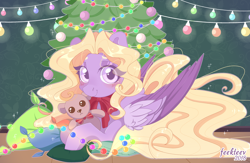 Size: 1280x837 | Tagged: artist:feekteev, christmas, cushion, derpibooru import, hearth's warming eve, holiday, oc, safe, solo, teddy bear, tree