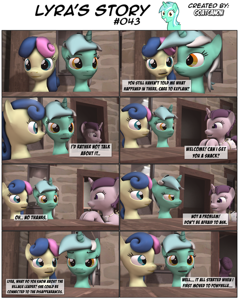 Size: 3929x4908 | Tagged: 3d, artist:goatcanon, bon bon, comic, comic:lyra's story, derpibooru import, dialogue, equal cutie mark, equal town, lyra heartstrings, our town, safe, starlight's village, sugar belle, sweetie drops, text