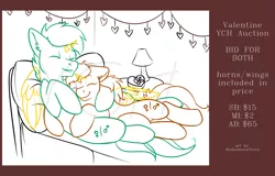 Size: 2500x1600 | Tagged: safe, artist:rudazmora, derpibooru import, earth pony, pegasus, pony, unicorn, auction, bed, commission, couple, holiday, hug, love, valentine's day, your character here