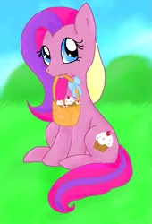 Size: 695x1023 | Tagged: artist:sparkle-puff, cupcake, cupcake (g4), derpibooru import, food, mouth hold, safe, sitting, solo, sugarcup