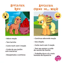 Size: 960x960 | Tagged: apple, applejack, applejack (g1), brazil, bucket, comparison, derpibooru import, emoji, facebook, facebook reactions, food, g1, meme, my little pony logo, official, portuguese, safe, translated in the description