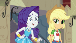 Size: 450x253 | Tagged: safe, derpibooru import, screencap, applejack, rarity, equestria girls, equestria girls series, fluttershy's butterflies, animated, belt buckle, bracelet, clothes, cowboy hat, crossed arms, cutie mark on clothes, denim skirt, female, frilly design, geode of shielding, geode of super strength, gif, hat, image, jewelry, magical geodes, necklace, pendant, rarity peplum dress, shirt, skirt, sleeveless, stetson