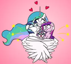 Size: 4001x3597 | Tagged: safe, artist:banebuster, derpibooru import, princess cadance, princess celestia, princess flurry heart, shining armor, alicorn, pony, unicorn, ^^, aunt, auntlestia, baby, bear hug, cuddling, cute, cutelestia, embrace, eyes closed, family, female, flurrybetes, foal, four-limbed hug, frontal, gradient background, happy, heart, hug, love, male, mare, missing accessory, momlestia, pain, pain star, parent, simple background, smiling, snuggling, stallion, strong, varying degrees of want, winghug
