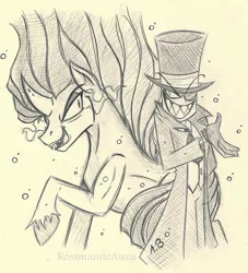 Size: 1565x1727 | Tagged: antagonist, artist:rossmaniteanzu, black hat (villainous), crossover, derpibooru import, duo, grayscale, hat, king sombra, male, monochrome, pencil drawing, raised hoof, safe, simple background, sombra eyes, stallion, top hat, traditional art, unshorn fetlocks, villainous, white background