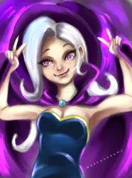 Size: 716x960 | Tagged: armpits, artist:bunsogen, breasts, cape, cleavage, clothes, derpibooru import, dress, edit, female, hat, human, humanized, peace sign, safe, smiling, solo, trace, trixie, trixie's cape, trixie's hat