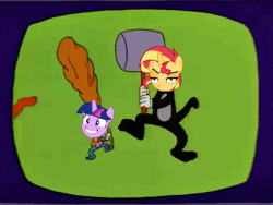 Size: 457x343 | Tagged: safe, derpibooru import, edit, editor:whatthehell!?, screencap, starlight glimmer, sunset shimmer, twilight sparkle, pony, equestria girls, animated, clothes, derp, drama, faic, frown, glimmie, grin, hammer, itchy and scratchy, one eye closed, parody, poochie, simpsons did it, smiling, starlight drama, sunset vs starlight debate, the simpsons, wink