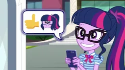 Size: 1920x1080 | Tagged: safe, derpibooru import, screencap, sci-twi, twilight sparkle, equestria girls, equestria girls series, text support, text support: rarity, :d, c:, canterlot high, cute, emoji, female, geode of telekinesis, glasses, magical geodes, mobile phone, phone, pictogram, ponytail, smiley face, smiling, solo, texting, twiabetes, youtube, 👍