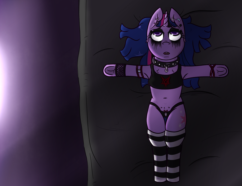 Size: 1300x1000 | Tagged: armpits, artist:lazerblues, bed, choker, clothes, collar, derpibooru import, ear piercing, emo, frog (hoof), goth, makeup, outstretched arms, panties, piercing, running makeup, safe, socks, solo, striped socks, twilight sparkle, underhoof, underwear