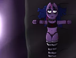 Size: 1300x1000 | Tagged: armpits, artist:lazerblues, bed, choker, clothes, collar, derpibooru import, ear piercing, emo, frog (hoof), goth, makeup, outstretched arms, panties, piercing, running makeup, safe, socks, solo, striped socks, twilight sparkle, underhoof, underwear