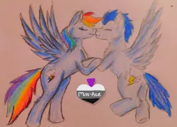 Size: 3457x2473 | Tagged: safe, artist:miss-ace712, derpibooru import, rainbow dash, soarin', pony, female, kissing, male, old cutie mark, shipping, soarindash, straight, traditional art, watermark